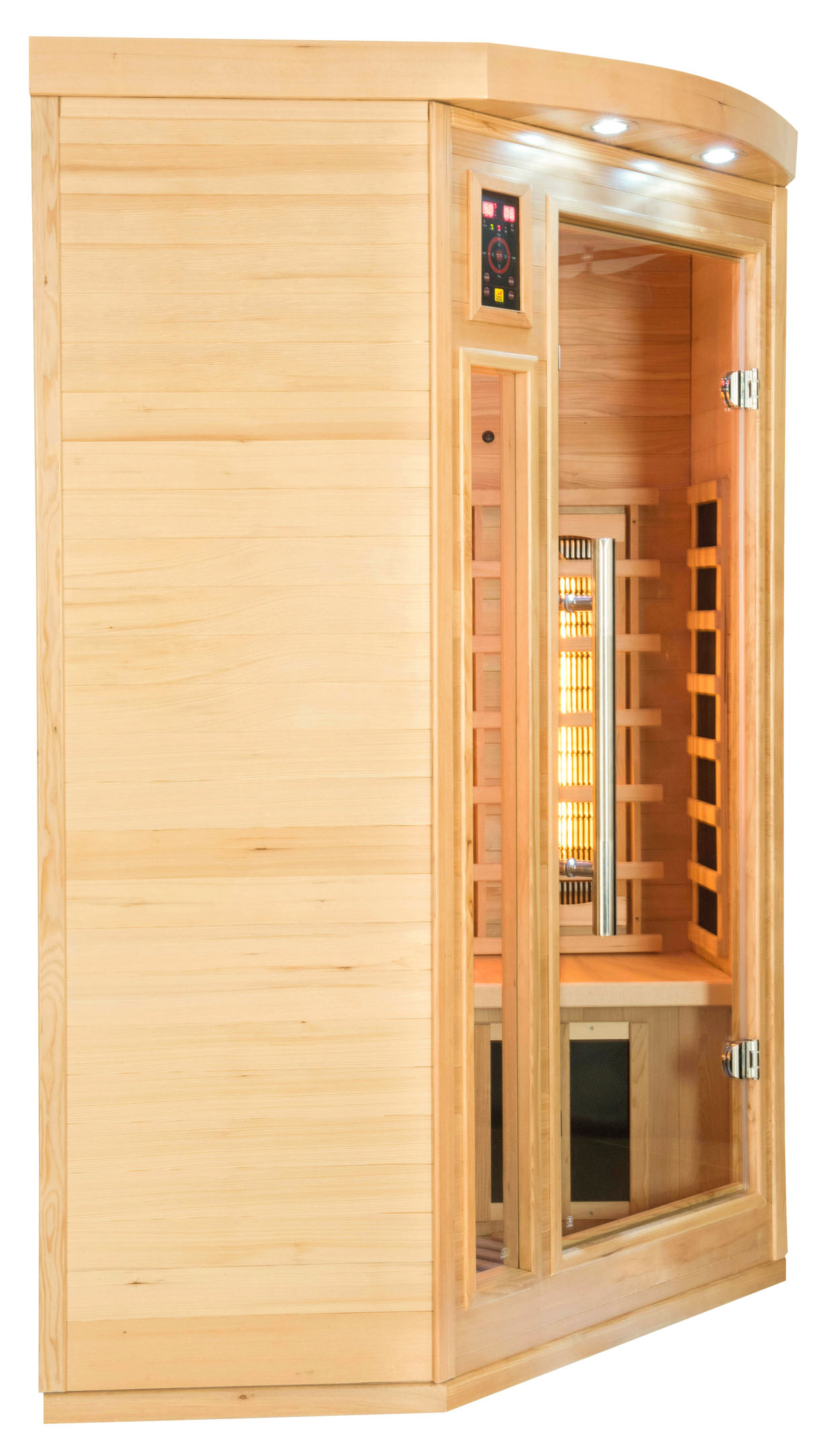 Se muestra una sauna de madera con puertas de vidrio. En el interior, un elemento calefactor brilla. Un panel de control está a la izquierda.