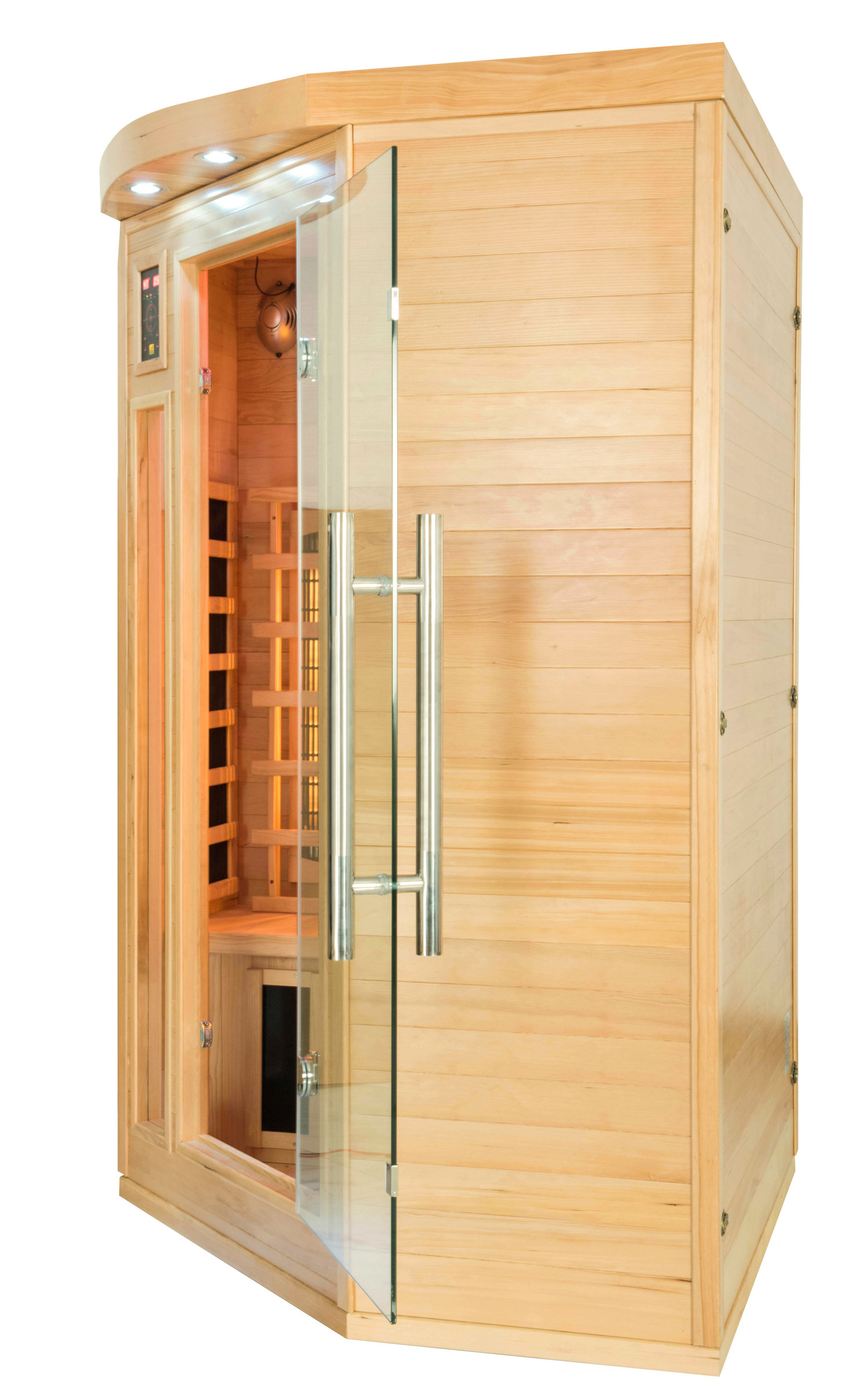 Una sauna de madera con puerta de cristal parcialmente abierta. El interior tiene bancos de madera y un calentador. El exterior es de madera clara.