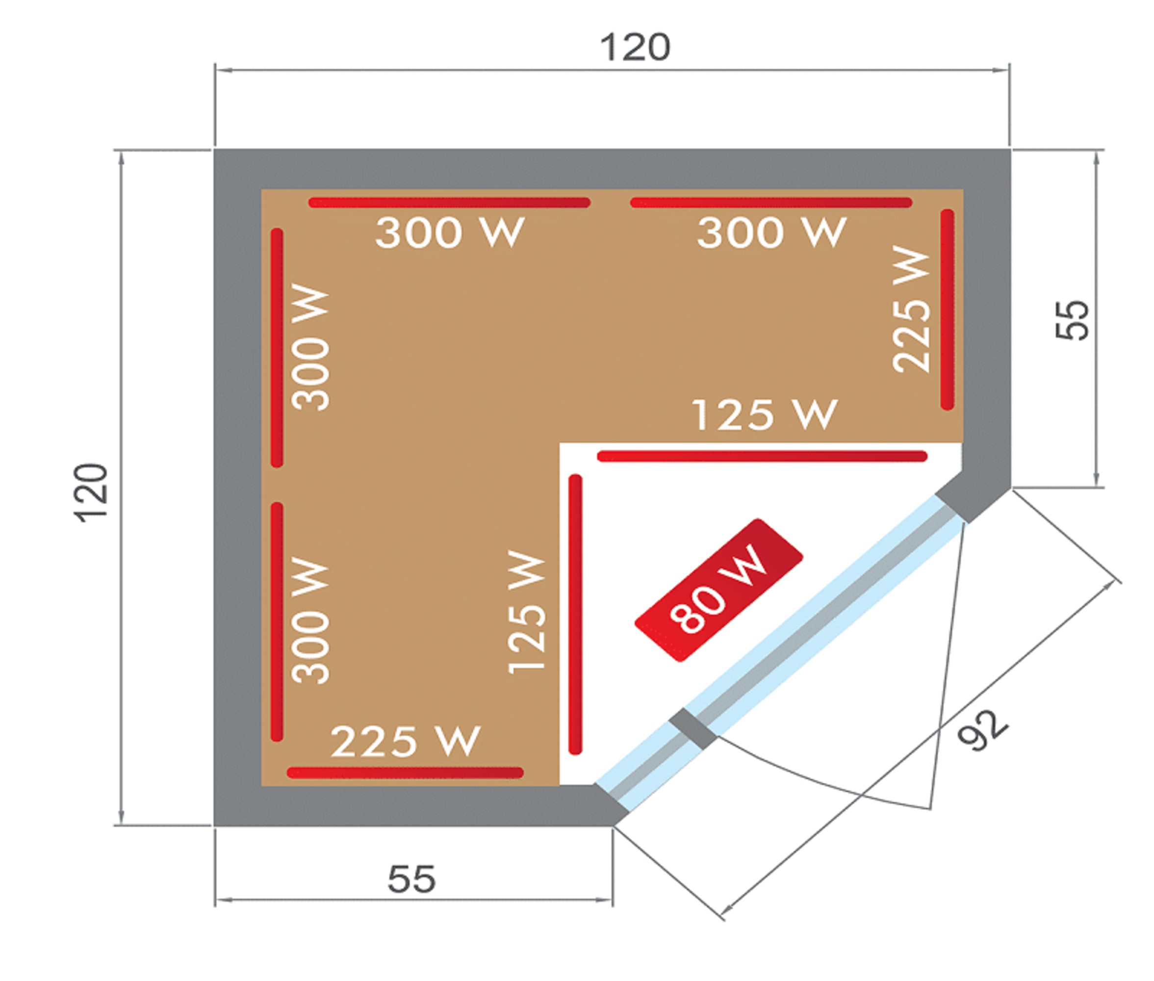 Diagrama de una habitación con dimensiones. Incluye líneas rojas que indican vatios y una esquina de vidrio.