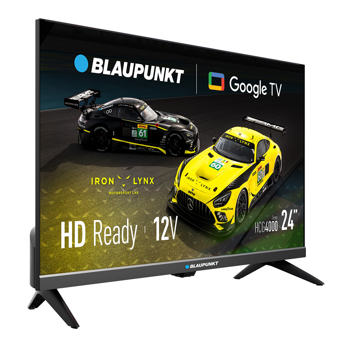 Telewizor Blaupunkt wyświetla dwa samochody wyścigowe na torze. Jeden jest czarny, drugi żółty. Na ekranie napis 'HD Ready' i 'Google TV'.