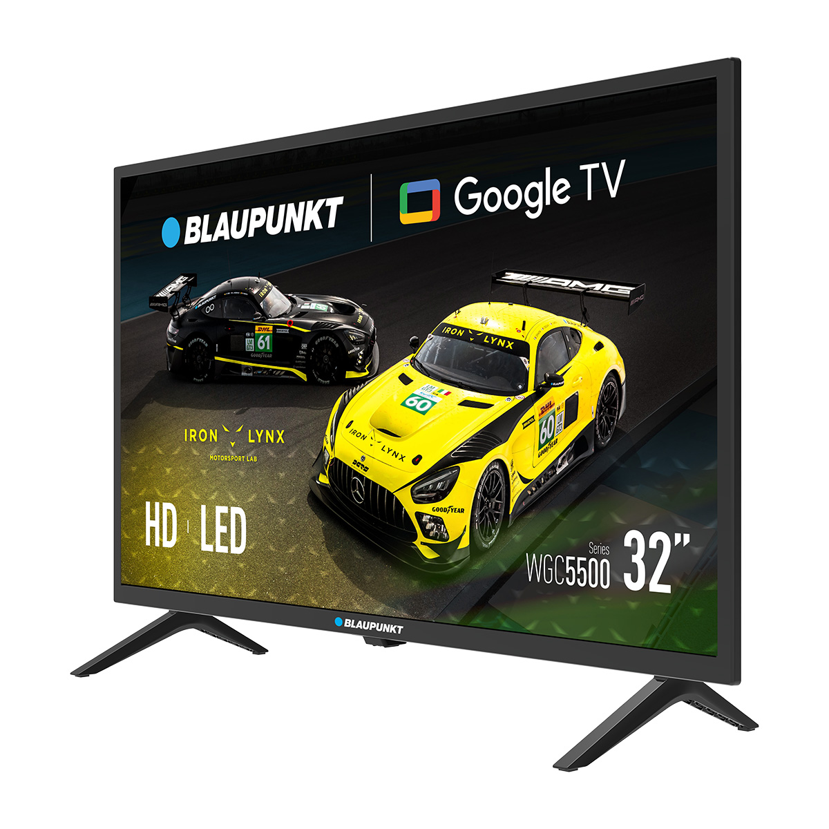 Un televisore Blaupunkt mostra due auto da corsa, una nera e una gialla, con il logo Google TV. Lo schermo indica HD LED e 32".