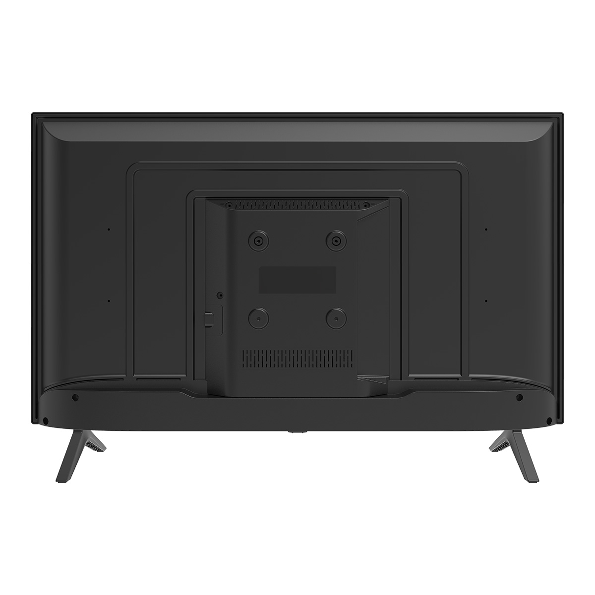 Retro di un televisore nero. Ha un pannello centrale con connettori, fori di ventilazione e punti di montaggio. Due gambe sostengono il televisore.