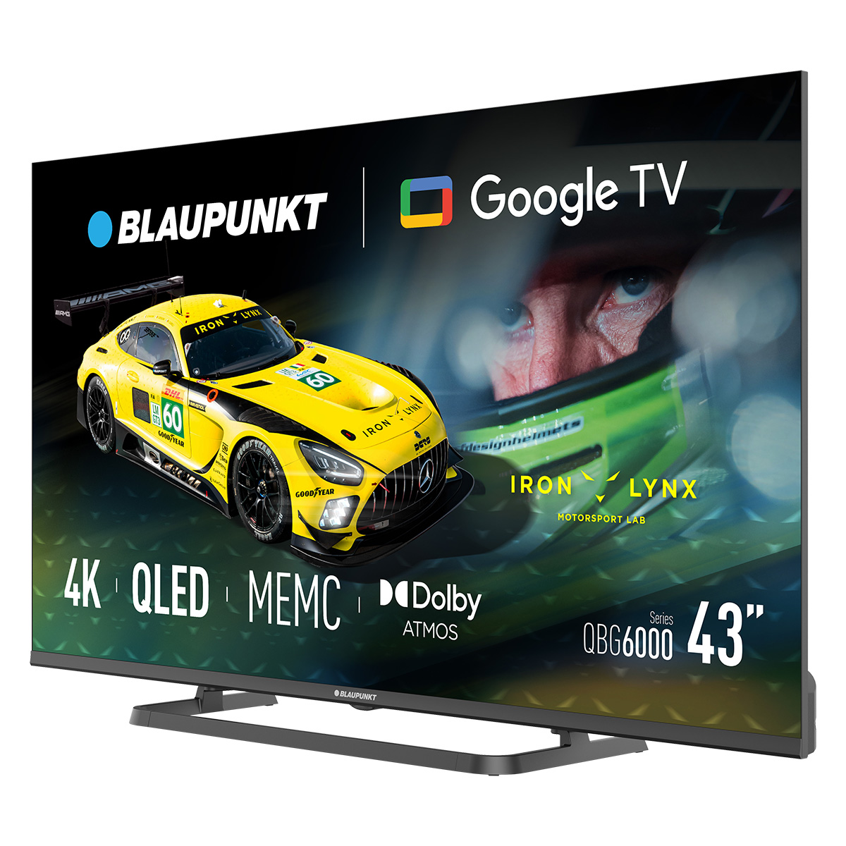 Telewizor Blaupunkt 43" wyświetla żółty samochód wyścigowy z logo Google TV. Funkcje obejmują 4K QLED i Dolby Atmos.