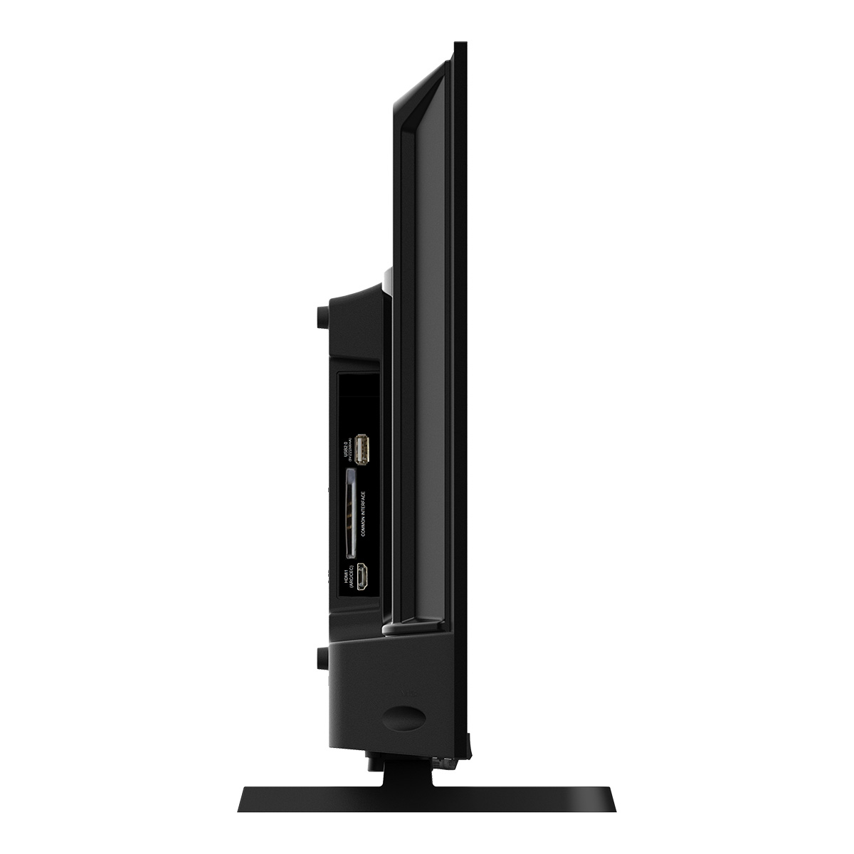 Czarny telewizor z płaskim ekranem widziany z boku. Ma podstawę i kilka widocznych portów, w tym USB i HDMI.