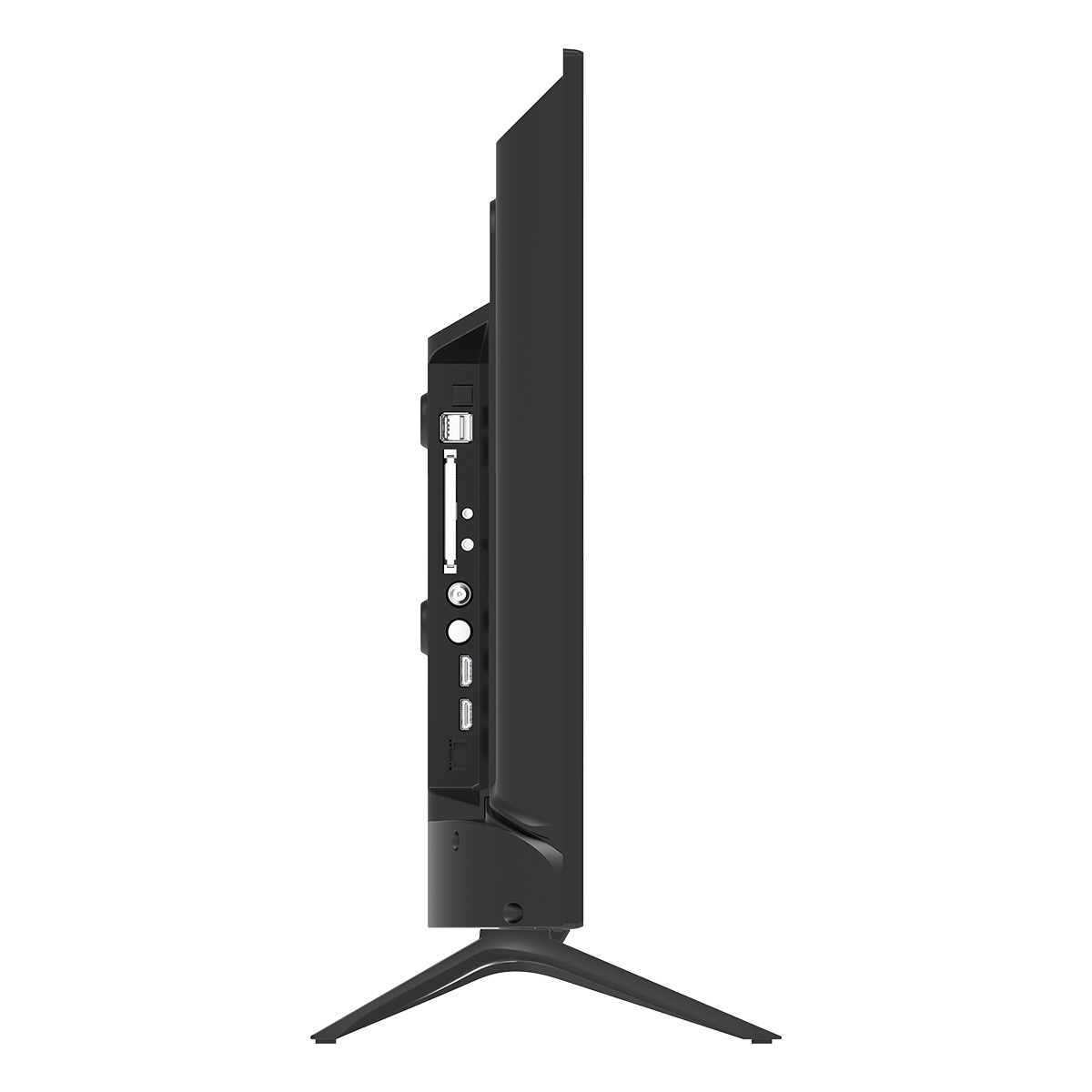 Una TV nera su sfondo bianco. Il profilo laterale mostra porte e supporto. Lo schermo è spento.