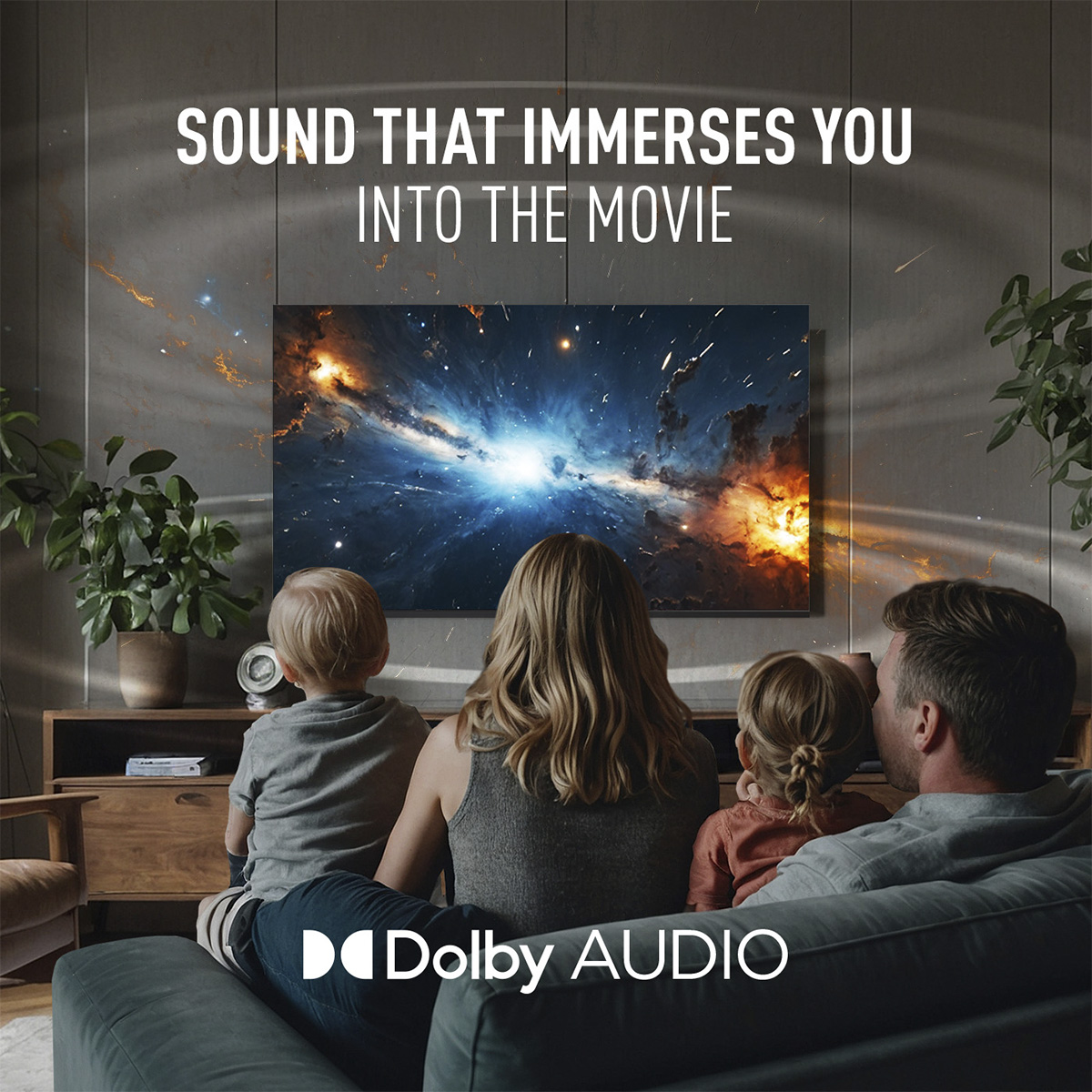Famiglia che guarda la TV. Sono seduti su un divano, guardando uno schermo con una scena spaziale. Testo: Il suono che ti immerge nel film.