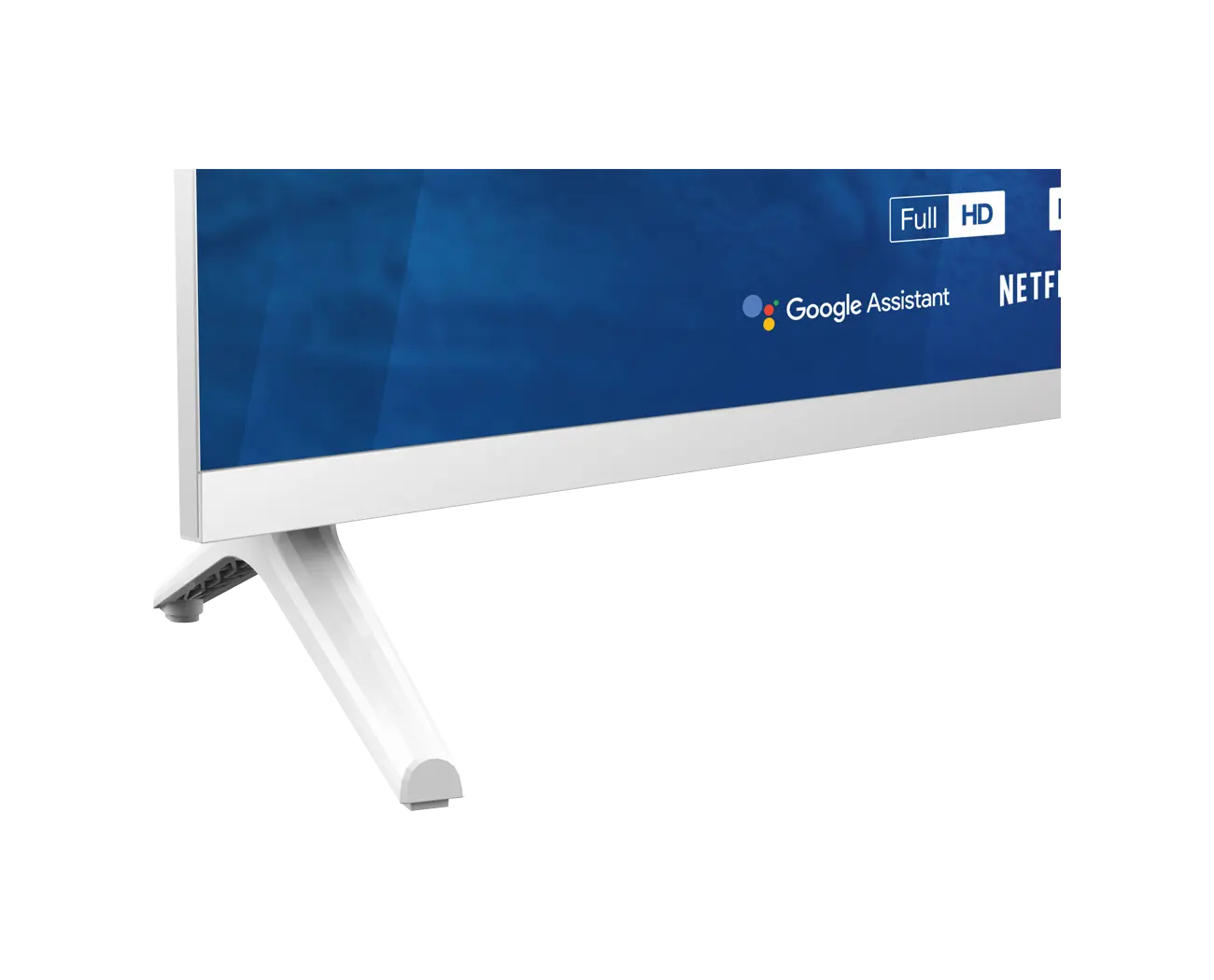 Biała podstawa telewizora z niebieskim ekranem. Ekran wyświetla 'Full HD', 'Google Assistant' i 'NETFLIX'.