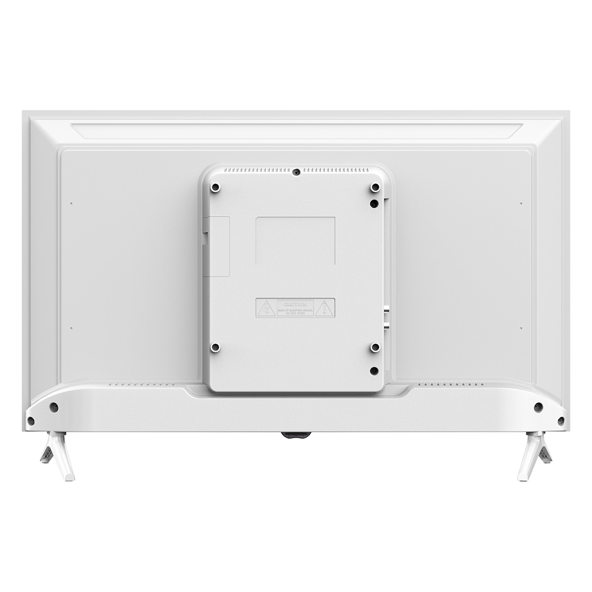 Tył białego telewizora z płaskim ekranem. Ma wspornik montażowy, porty i dwie nogi. Design jest prosty i nowoczesny.