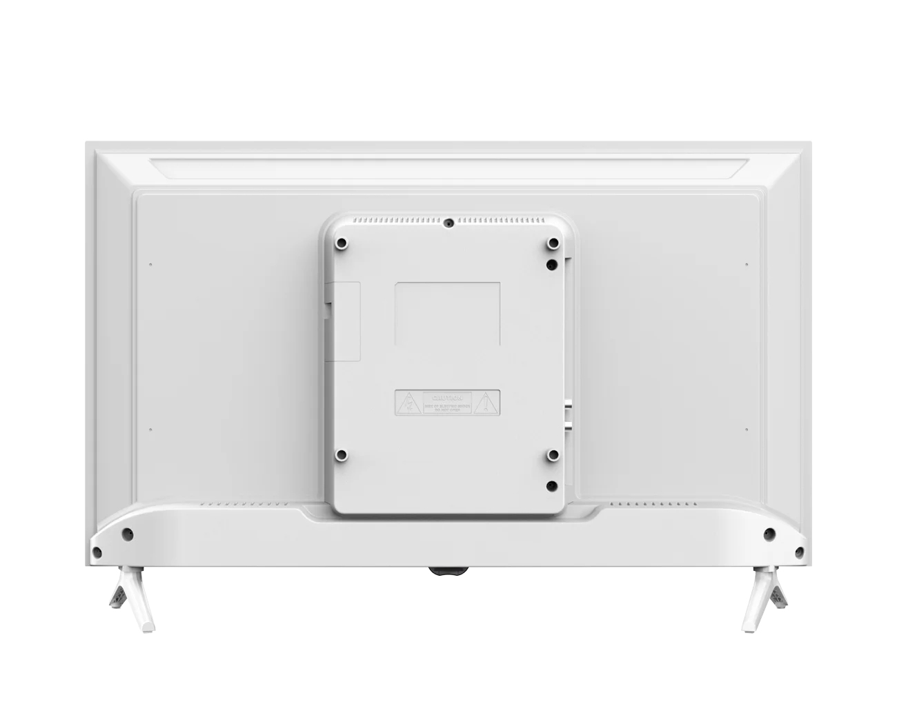 Tył białego telewizora. Centralny wspornik montażowy, dwie nóżki i różne porty widoczne. Etykieta ostrzegawcza jest również obecna.