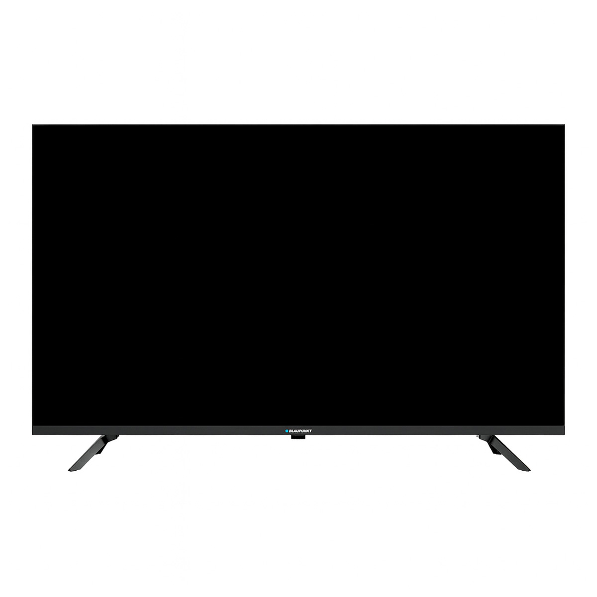 Duży czarny telewizor Blaupunkt. Stoi na dwóch kątowych nóżkach. Ekran jest czarny, ramka czarna i na białym tle.