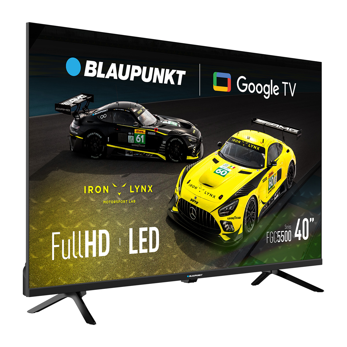 Telewizor Blaupunkt wyświetla dwa samochody wyścigowe, czarny i żółty, z logo Google TV. Ekran pokazuje Full HD LED, a telewizor ma 40 cali.