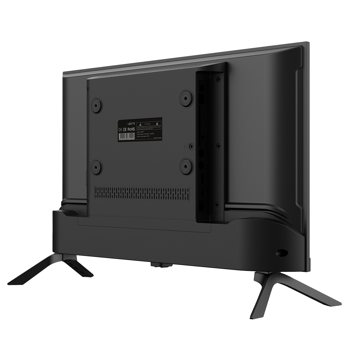 Tył czarnego telewizora LED. Telewizor stoi na stojaku, z nóżkami. Z tyłu telewizora znajdują się etykiety i otwory wentylacyjne.