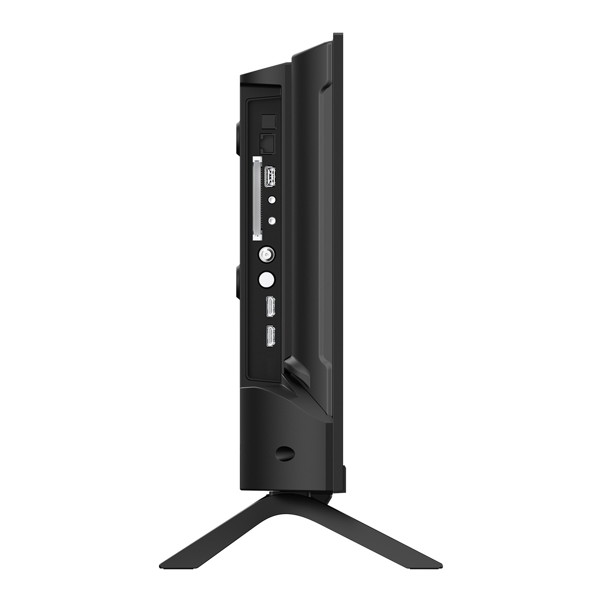 Widok z boku czarnego telewizora na białym tle. Widoczne porty i stojak. Ekran skierowany w prawo.