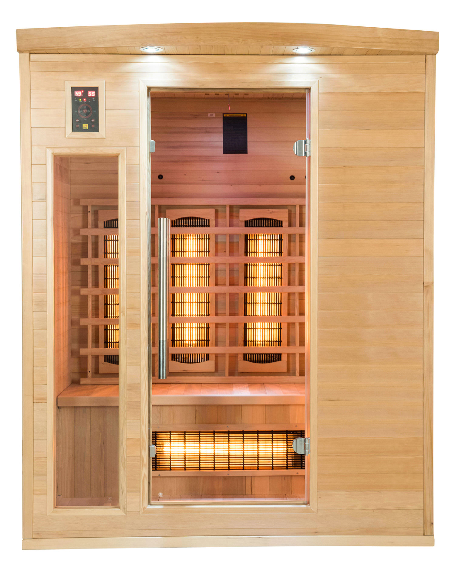 Una sauna de madera con puertas y paneles de vidrio, con elementos calefactores. El interior está iluminado con luz cálida.