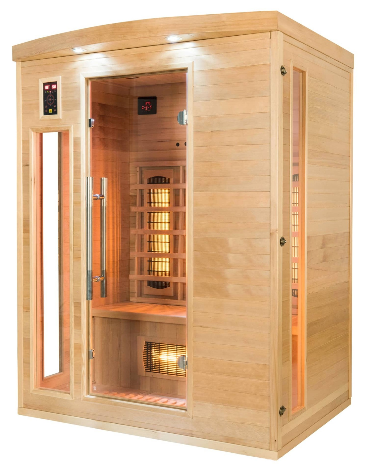 Una sauna de madera con puerta de cristal. Dentro, hay elementos calefactores y un banco. Se ven pantallas y controles.