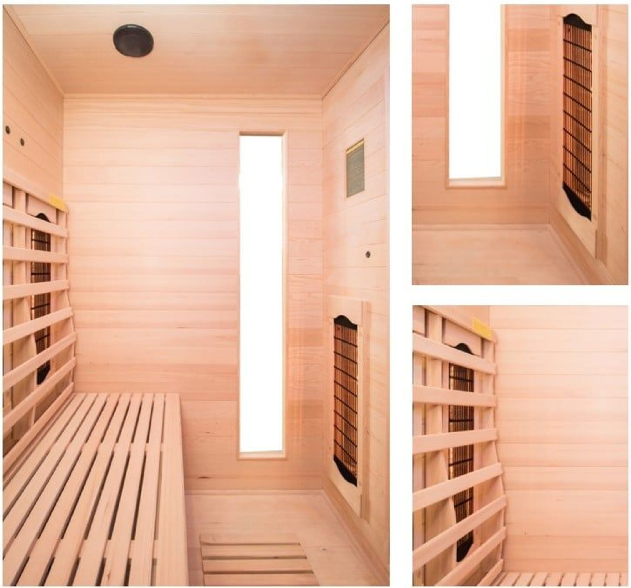 Interior de una sauna de madera con banco, paneles calefactores y una pequeña ventana. Madera clara y diseño minimalista.