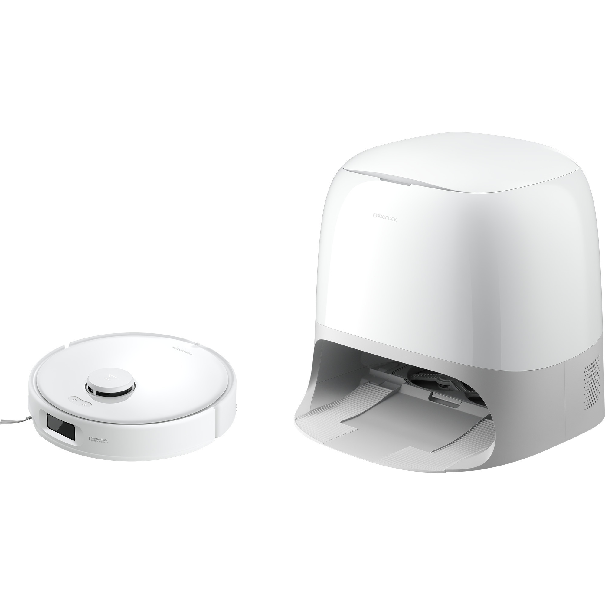 Biały robot odkurzający i stacja ładująca. Odkurzacz jest okrągły, stacja to biało-szare pudełko.
