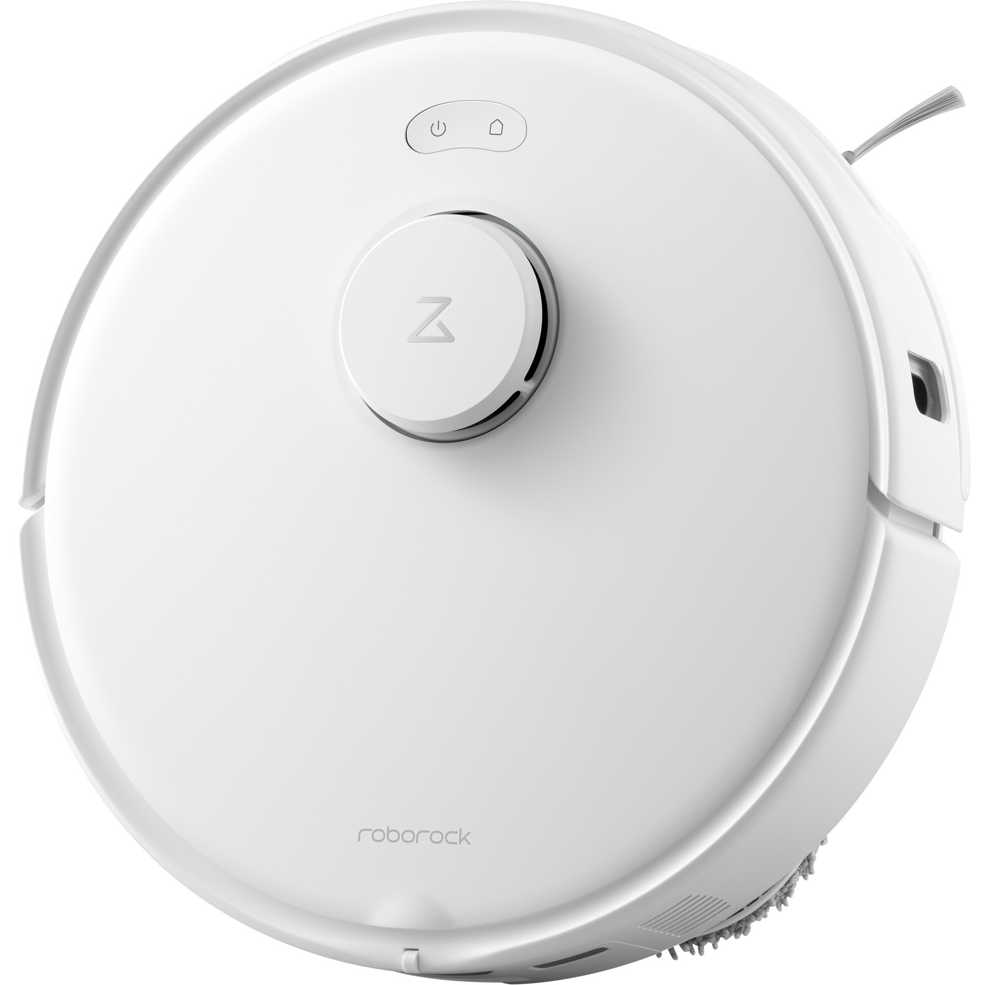 Biały, okrągły odkurzacz automatyczny z centralnym sterowaniem, przyciskiem zasilania i przyciskiem home. Posiada szczotkę boczną.