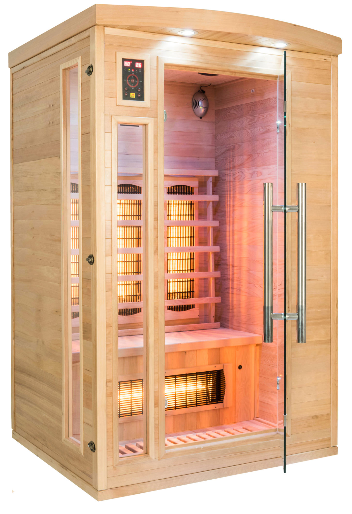 Sauna de madera con puerta de vidrio, interior con bancos y calentadores, panel de control visible. Madera clara, iluminación interior cálida.