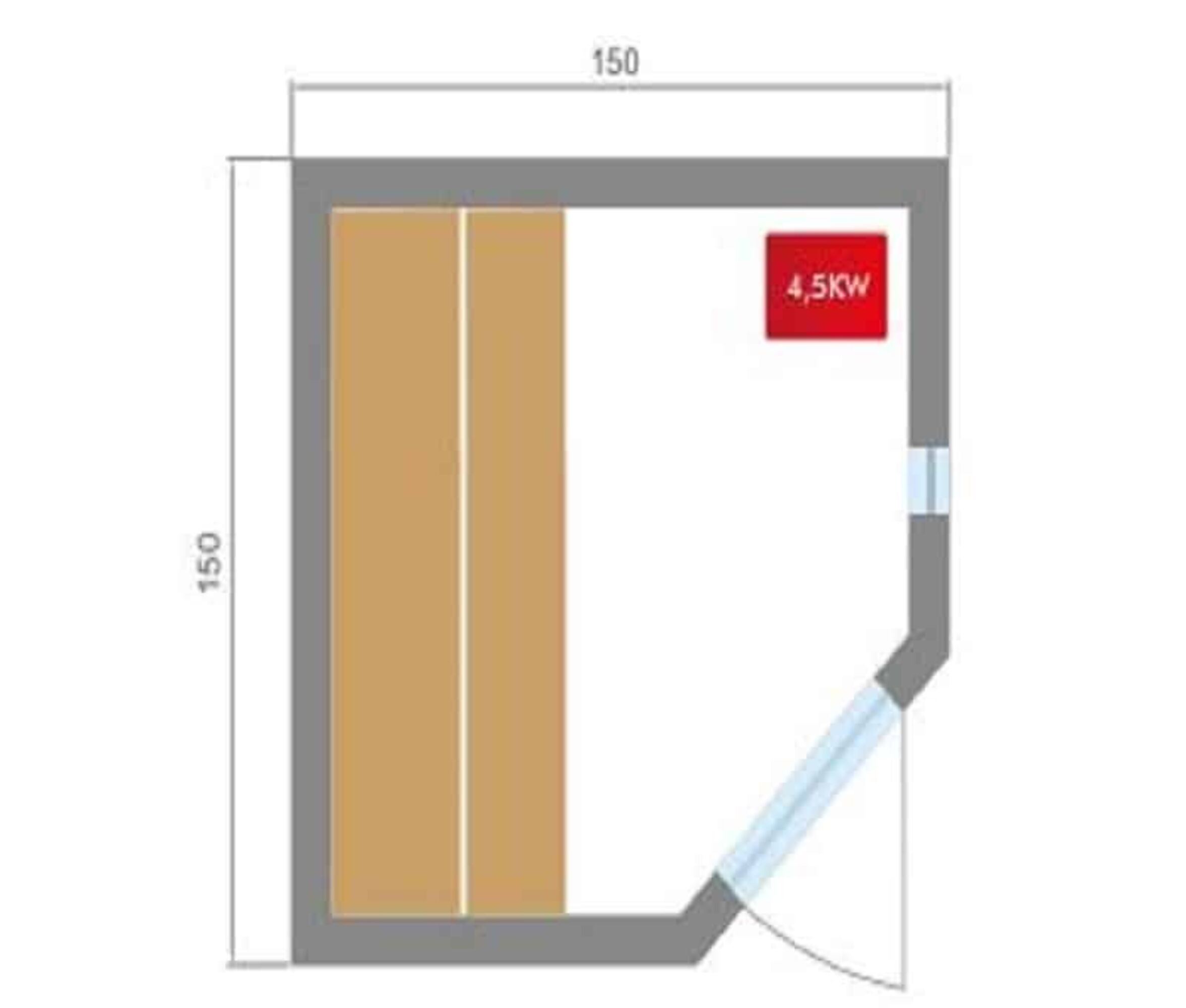 Vista superior de un plano de habitación con dimensiones. Incluye dos puertas marrones, un letrero rojo de 4,5KW y una ventana.