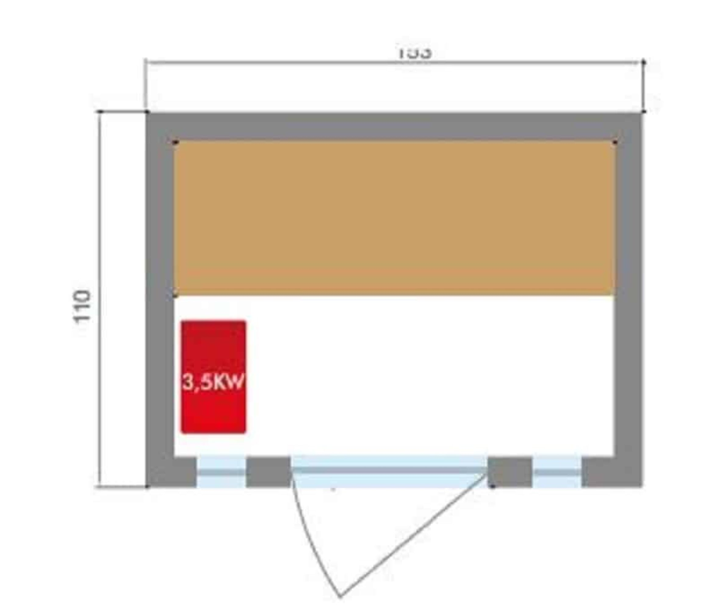 Plano arquitectónico de arriba hacia abajo. Tiene dimensiones, una ventana, un rectángulo rojo con texto y un rectángulo beige.