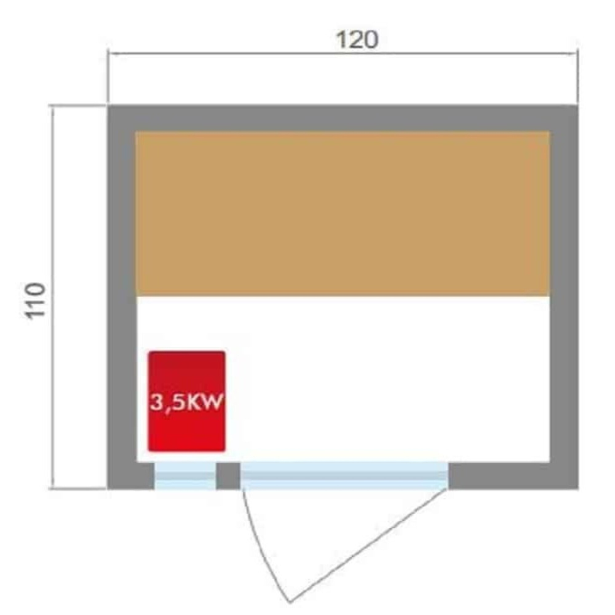 Diagrama de una habitación con dimensiones. Sección superior marrón, sección inferior blanca, una caja roja y una puerta.