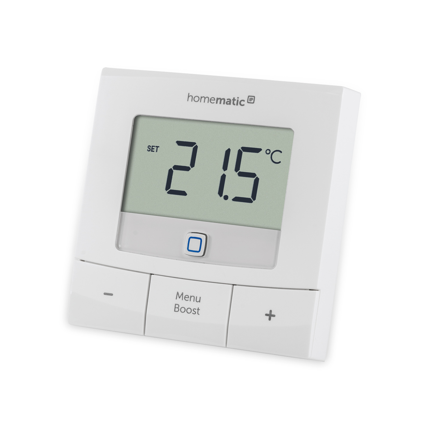 Ein weißes Homematic-Thermostat zeigt 21,5 Grad Celsius an. Es hat Tasten für Einstellung, Menü, Boost und Temperatureinstellung.