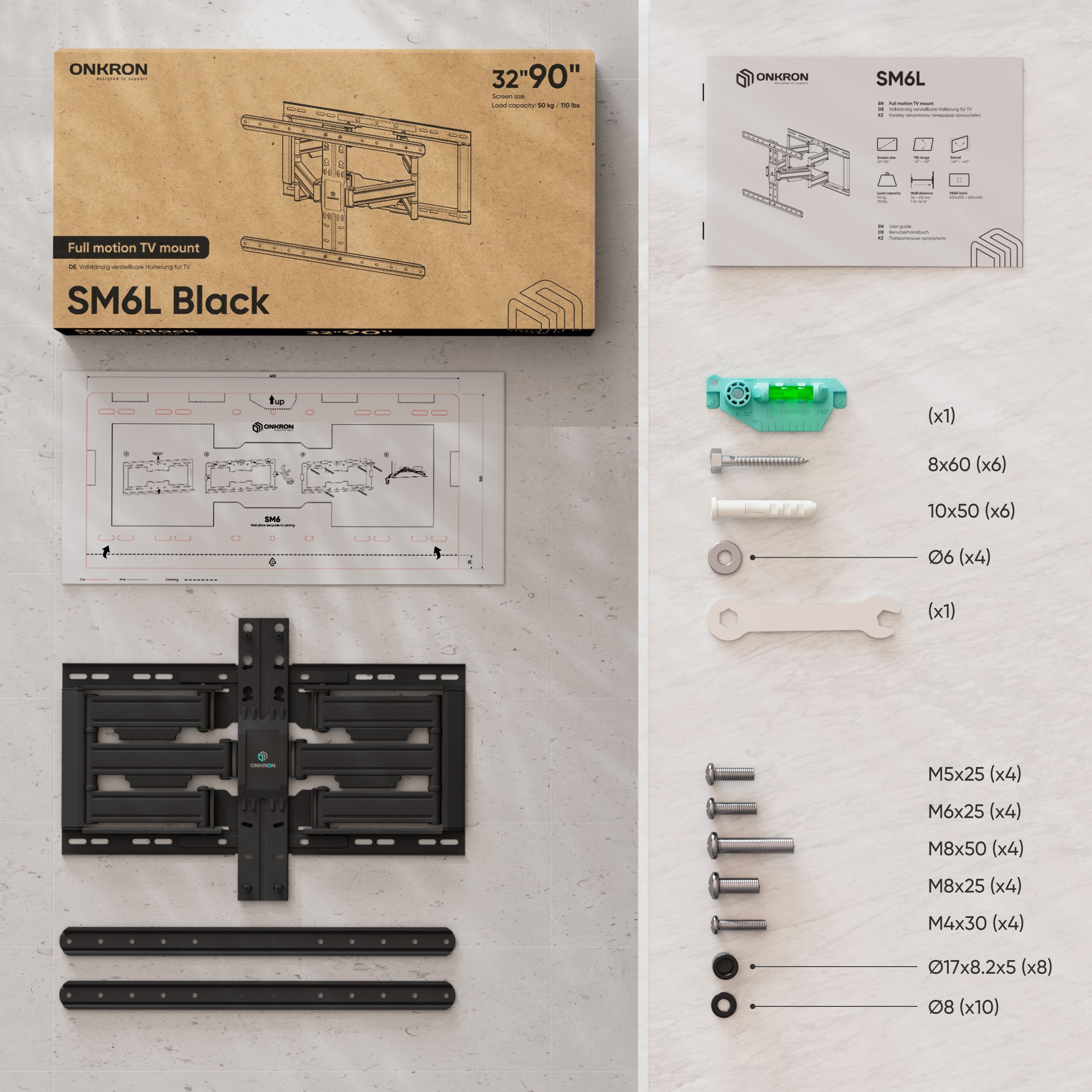 Obraz przedstawia zestaw do montażu ściennego TV z komponentami, w tym wspornikiem, śrubami i poziomicą.