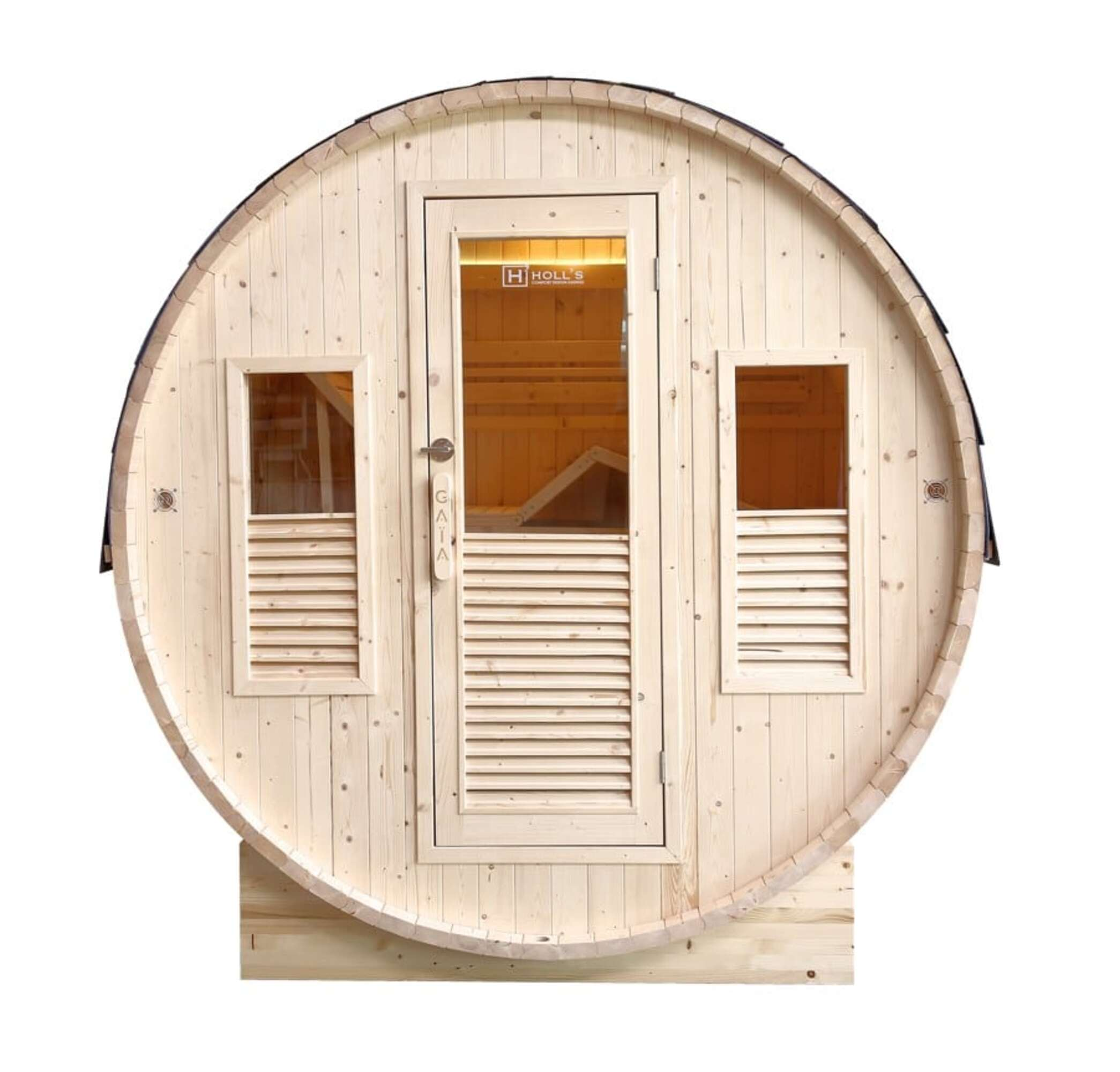 Una sauna de madera con techo y puerta redondeados. Tiene ventanas con contraventanas y un letrero que dice 'H Holls'.