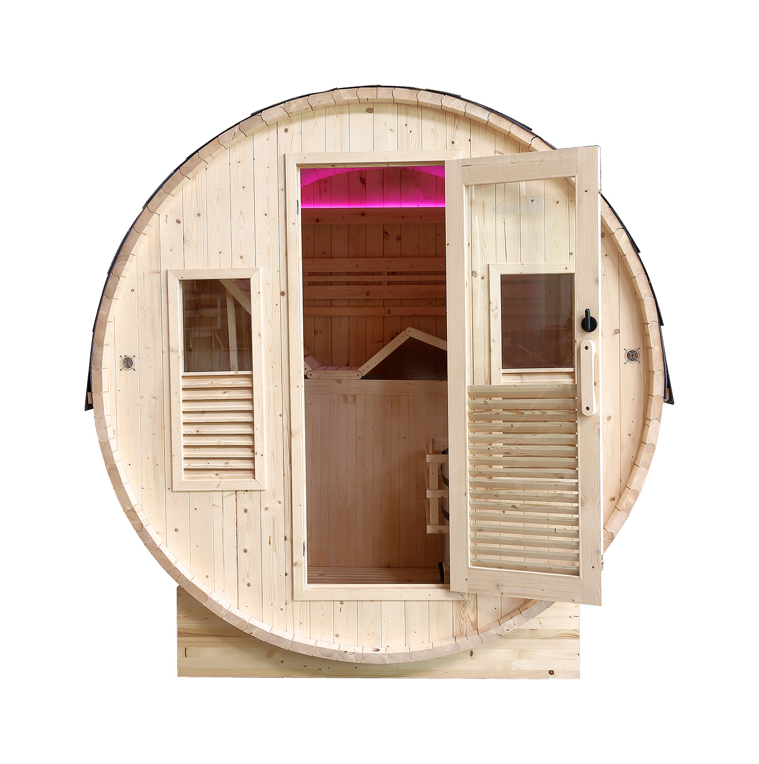 Sauna de barril de madera con puerta abierta. Dentro, se ve luz rosa. La sauna tiene ventanas y un banco.