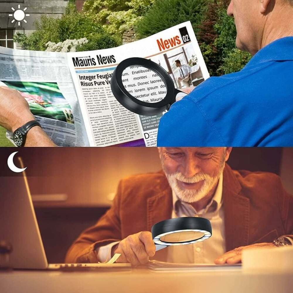 Ein Mann benutzt eine Lupe, um im Freien eine Zeitung zu lesen. Ein anderer Mann benutzt eine Lupe, um drinnen Dokumente zu lesen.