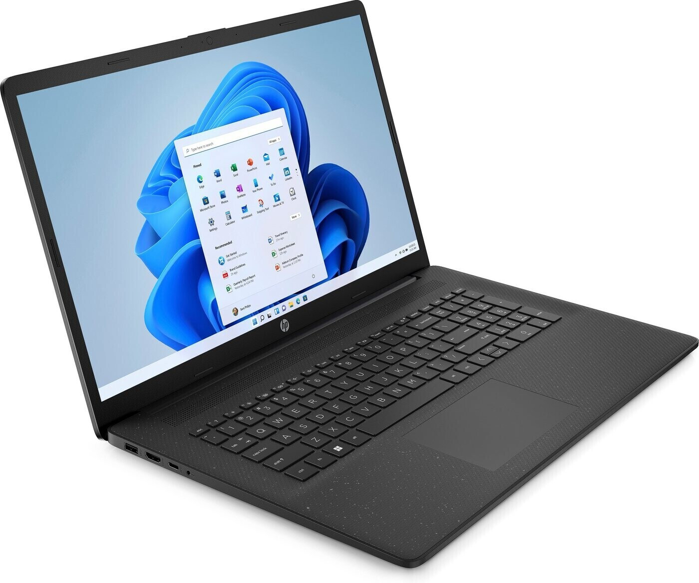 Ein schwarzer HP-Laptop ist geöffnet und zeigt eine Windows 11-Oberfläche mit App-Symbolen an. Tastatur und Touchpad sind sichtbar.