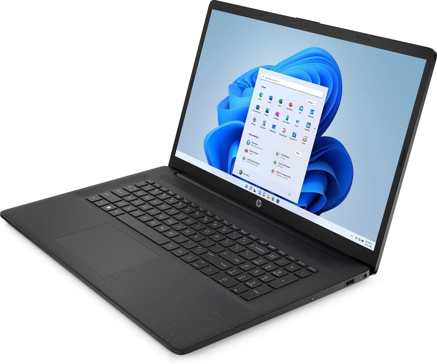 Ein schwarzer HP-Laptop ist geöffnet und zeigt die Windows 11-Oberfläche. Tastatur und Touchpad sind sichtbar. Der Bildschirm zeigt App-Symbole und eine Suchleiste.