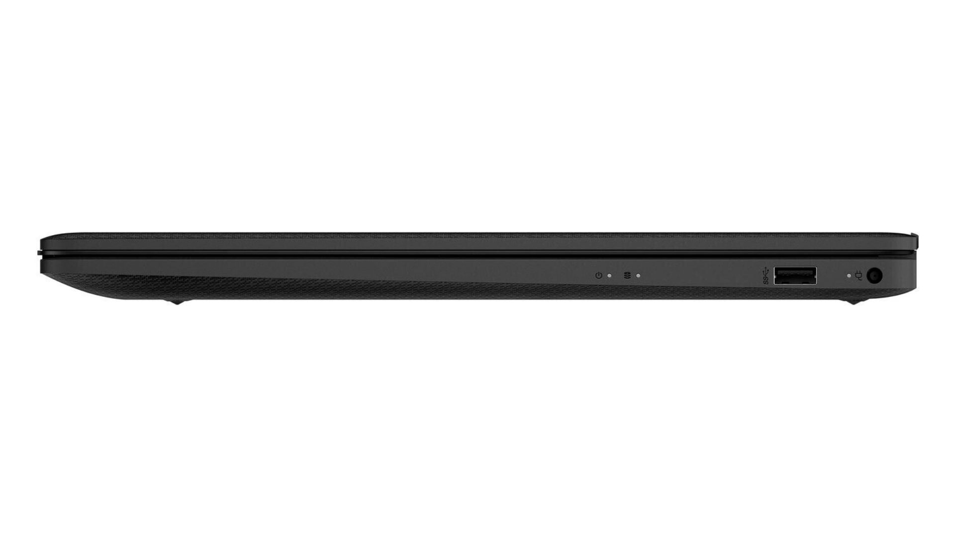 Seitenansicht eines schwarzen Laptops. Anschlüsse umfassen USB, Stromanschluss und Audiobuchse. Strom- und Statusanzeigen sichtbar.