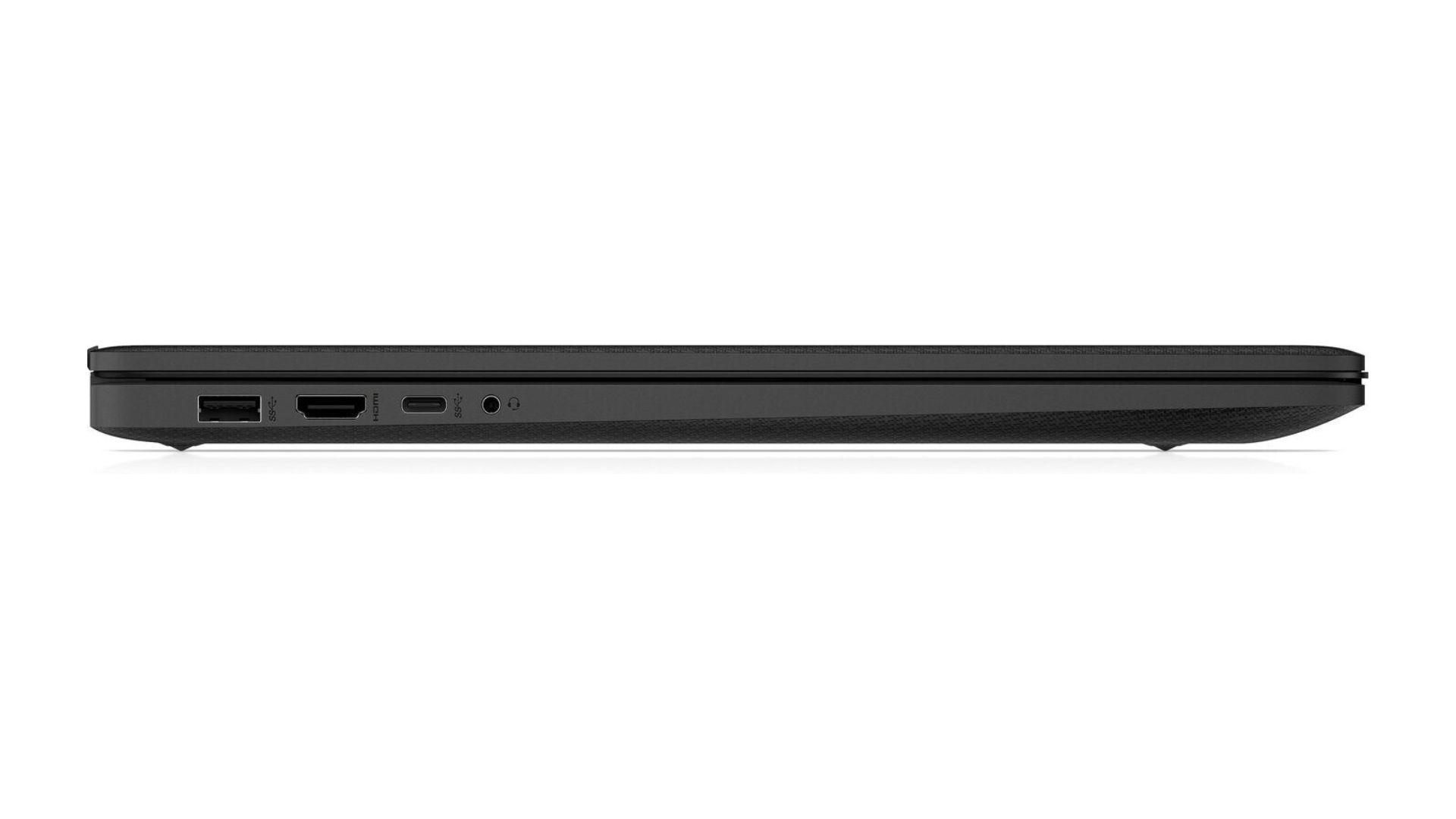Seitenansicht eines schwarzen Laptops mit USB-, HDMI- und Audioanschlüssen vor weißem Hintergrund.