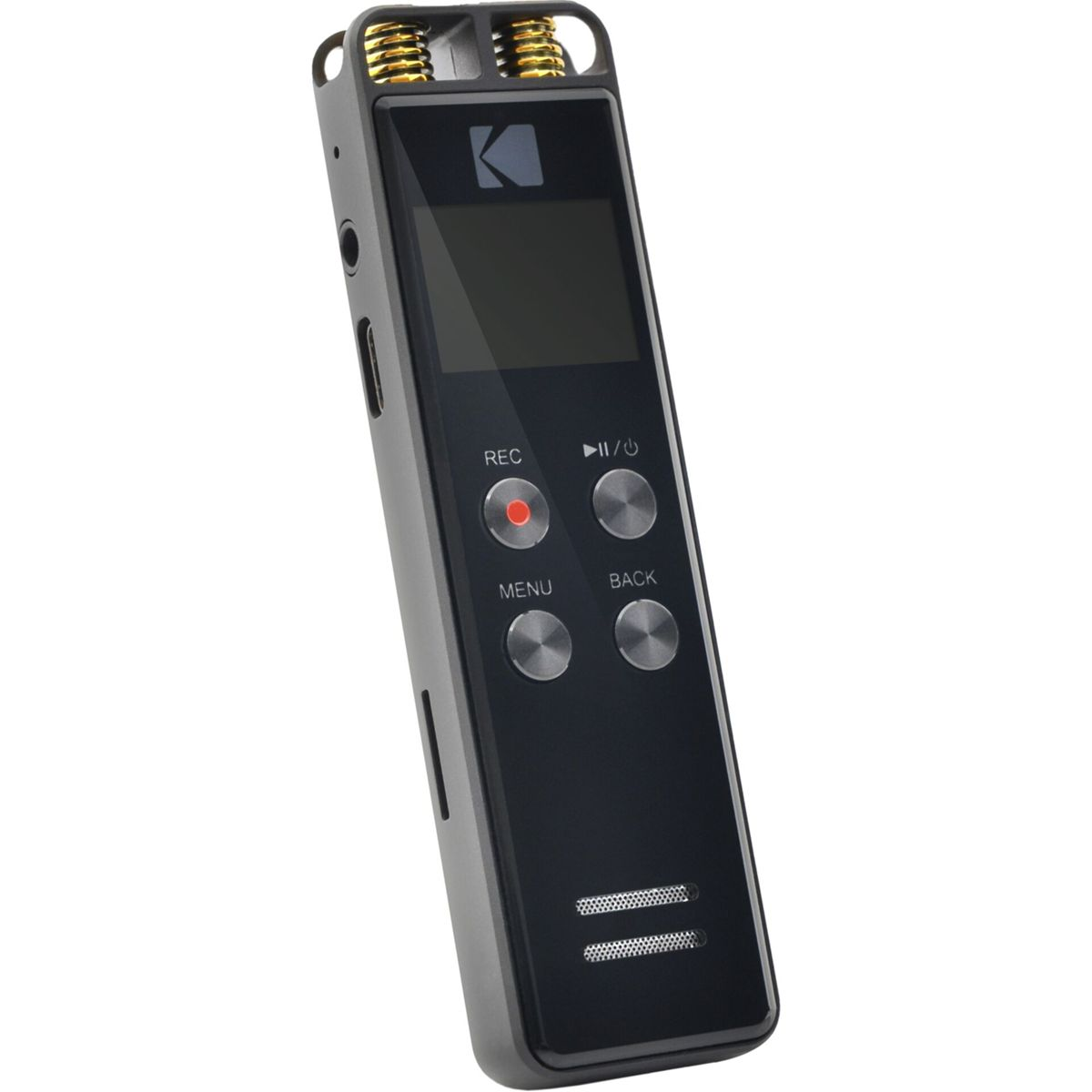 Czarny dyktafon Kodak z ekranem i przyciskami. Ma czerwony przycisk 'REC' i metalową kratkę na dole.