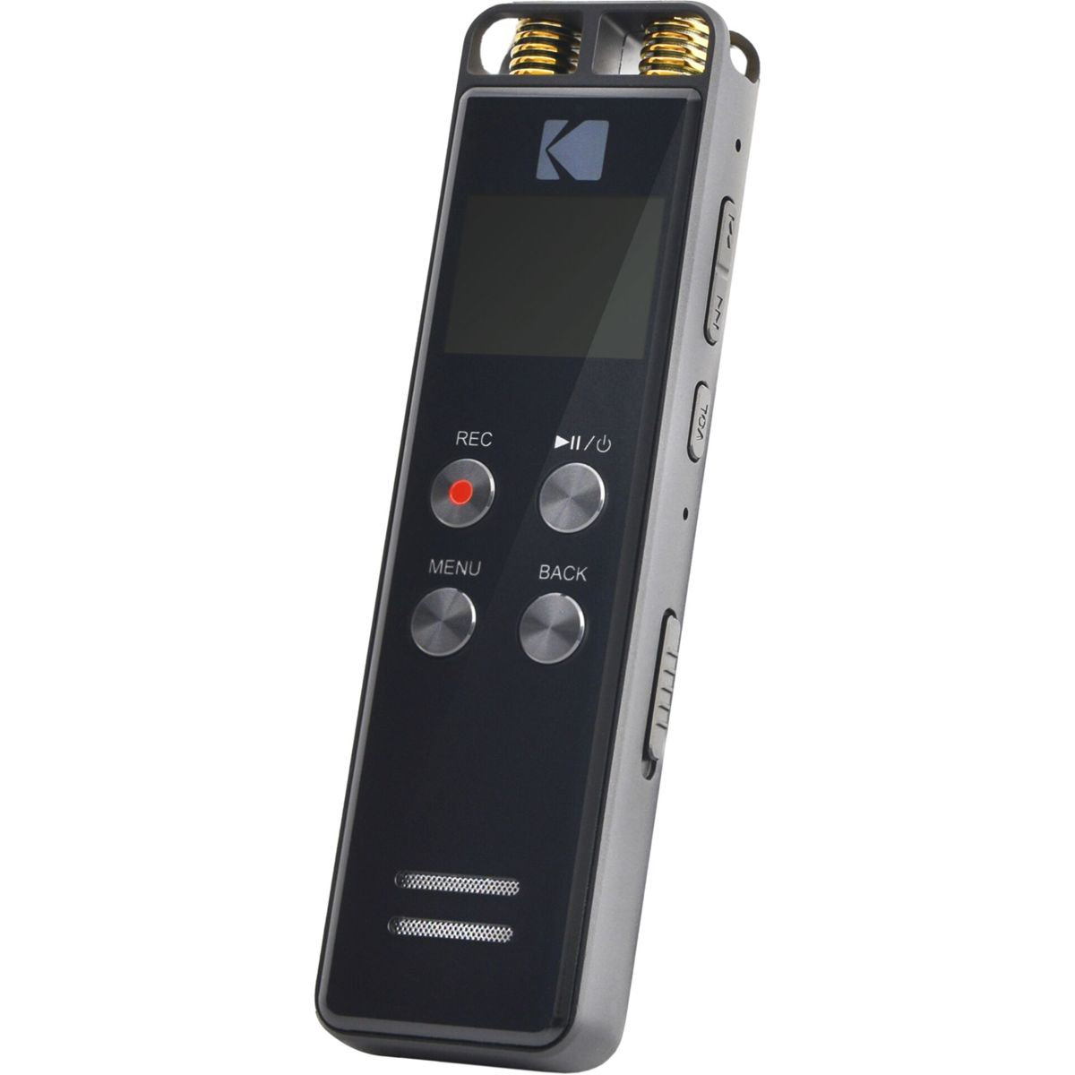 Srebrno-czarny cyfrowy dyktafon Kodak. Posiada czarny ekran i przyciski do nagrywania, menu i odtwarzania.