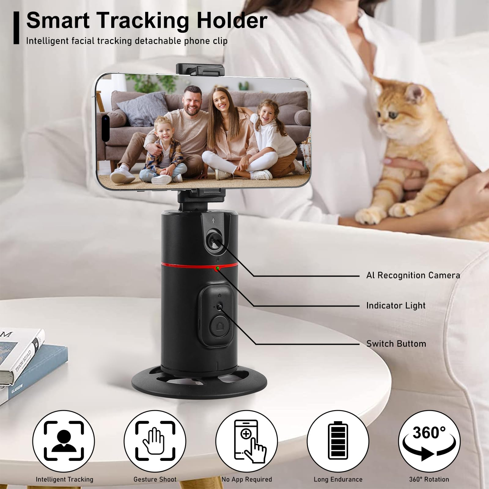 Ein schwarzer Smart-Tracking-Halter mit einem Telefon, das ein Familienfoto anzeigt. Eine Frau hält eine Katze. Symbole zeigen Funktionen.