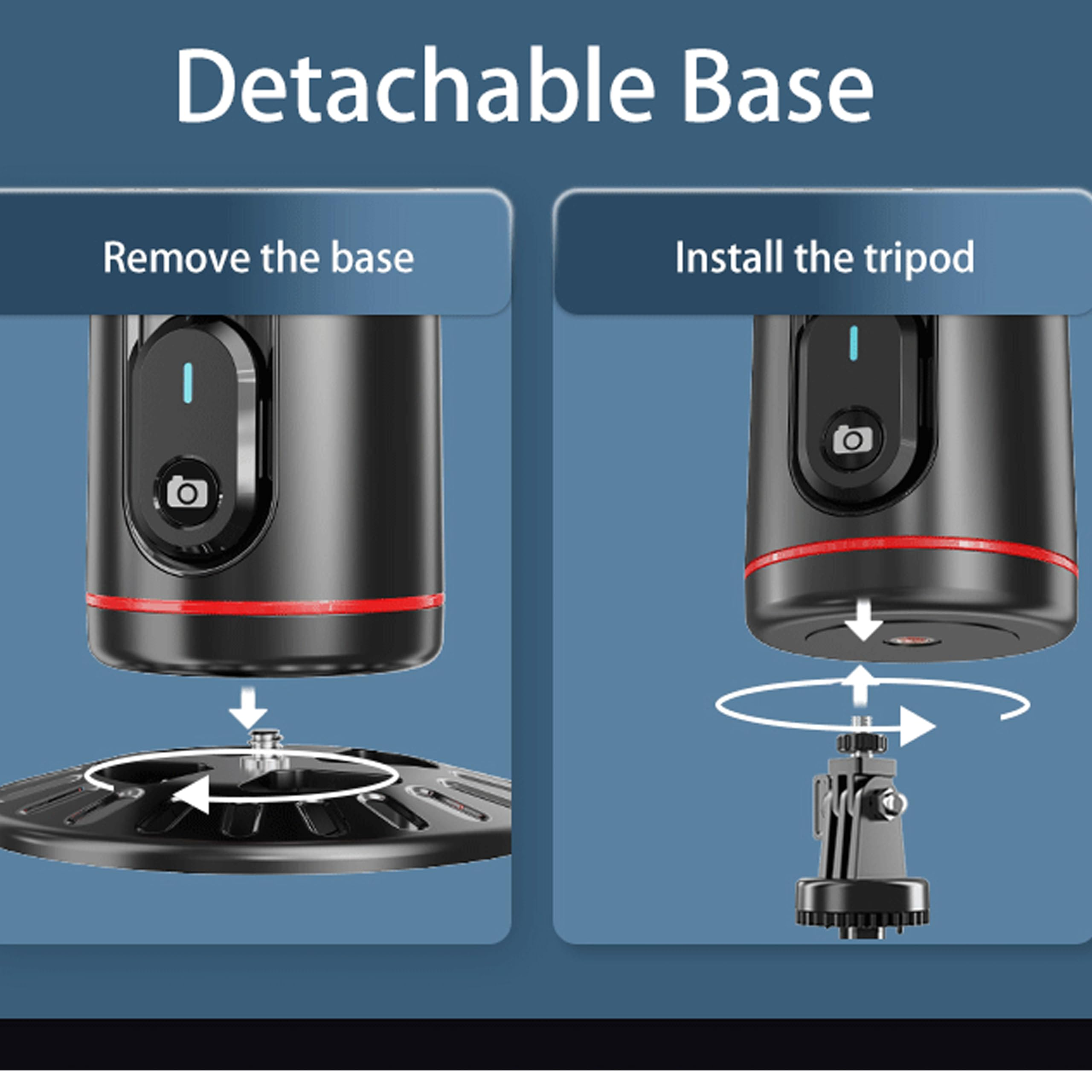 Diagramm, das die abnehmbare Basis eines Geräts zeigt. Eine Seite entfernt die Basis, die andere installiert ein Stativ.