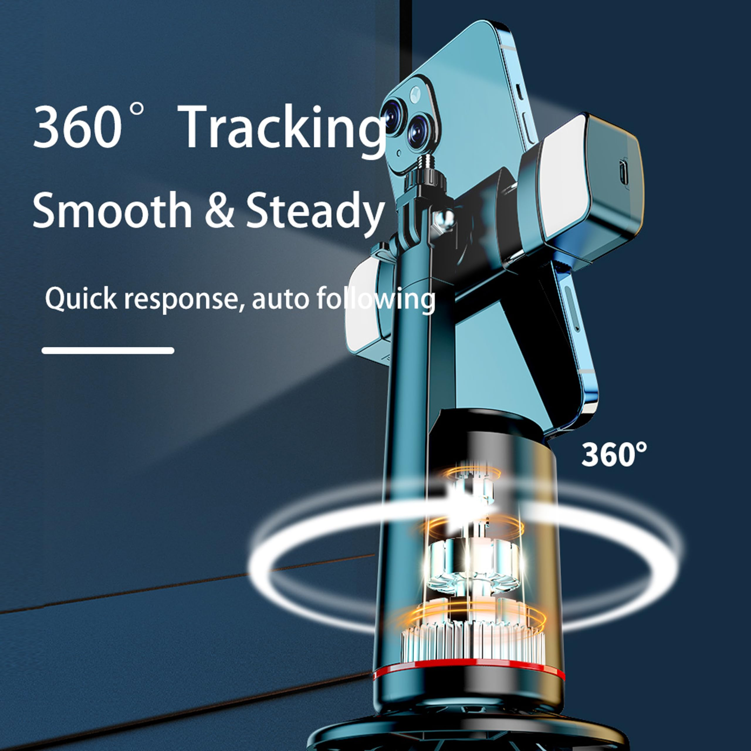 Ein 360-Grad-Tracking-Telefonhalter. Er ist schwarz und blau mit einem befestigten Telefon. Text: 360° Tracking, Smooth & Steady.