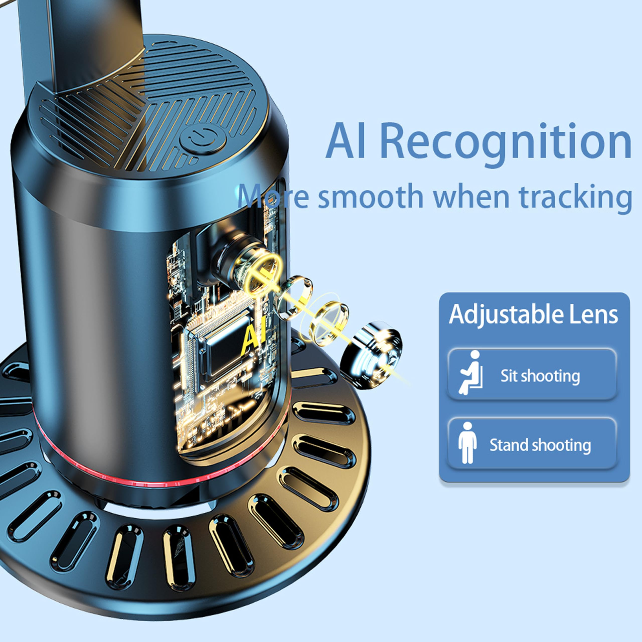 Ein schwarzes und silbernes Kameragerät mit dem Text "AI Recognition" und Optionen für den Aufnahmemodus auf blauem Hintergrund.