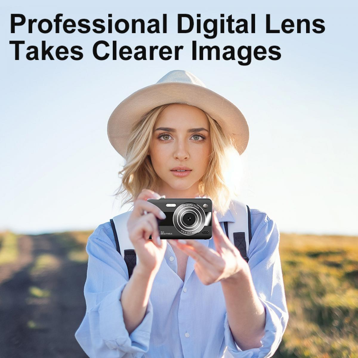 Eine Frau hält eine schwarze Kamera und trägt einen Hut. Oben steht: Professional Digital Lens Takes Clearer Images.
