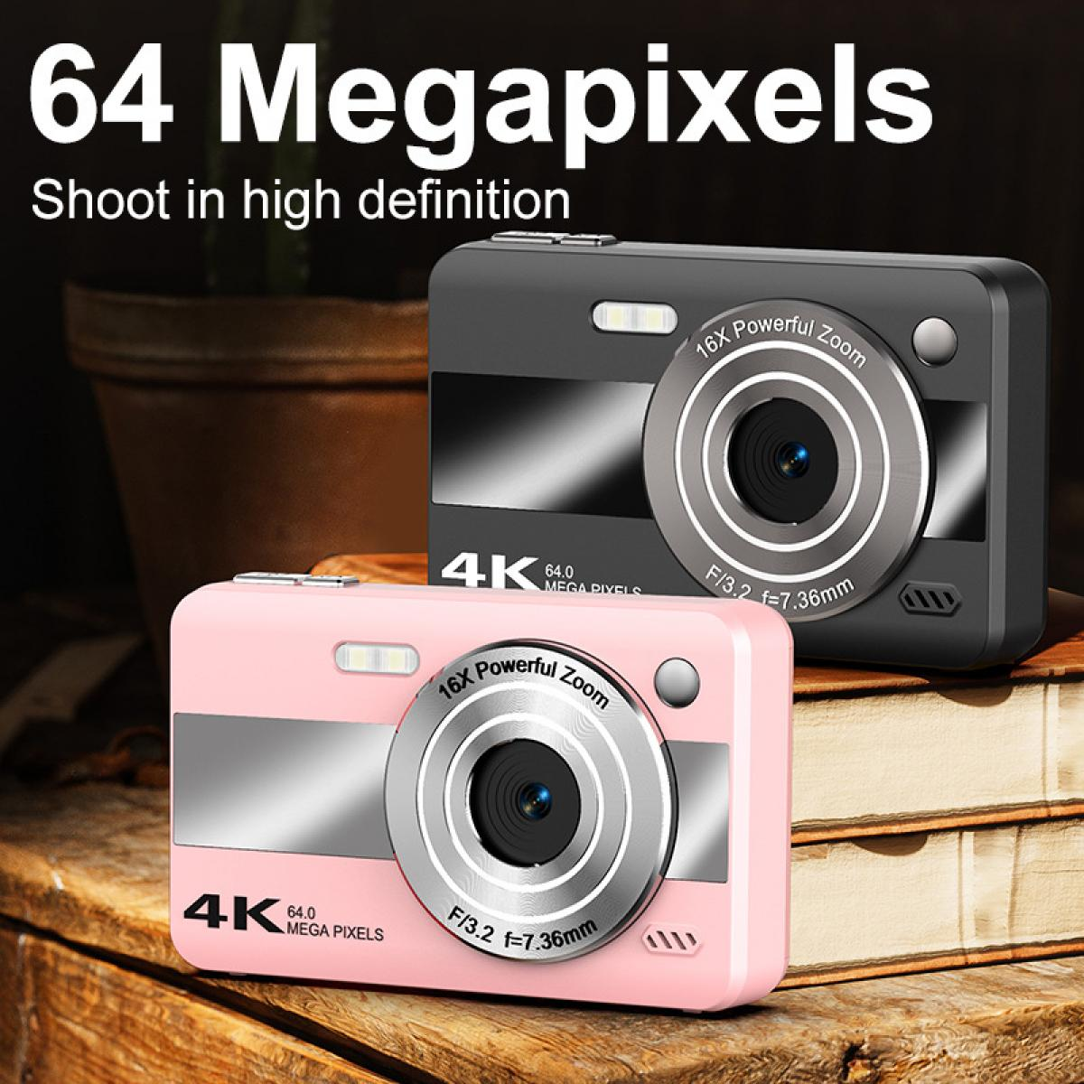 Zwei Digitalkameras: eine rosa, eine schwarze. Beide zeigen 4K, 64MP und 16x Zoom. Text sagt '64 Megapixel' und 'Shoot in high definition'.
