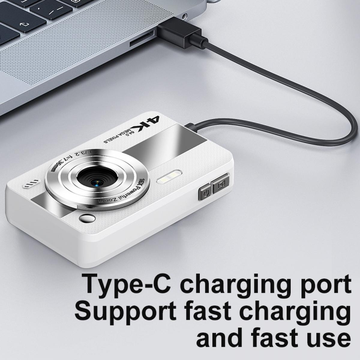 Eine weiße Kamera ist über ein schwarzes Kabel mit einem Laptop verbunden. Auf der Kamera steht '4K', '16X Powerful Zoom' und 'Type-C charging port'.
