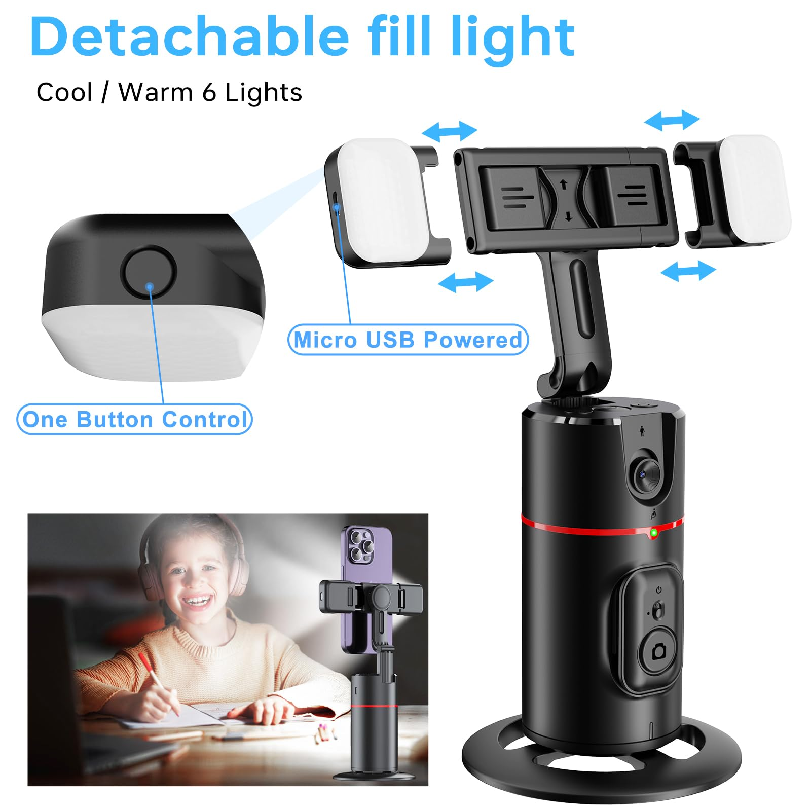 Ein schwarzes Fülllicht mit abnehmbaren Lichtern, einer Telefonhalterung und einem Mädchen, das es benutzt. Merkmale sind Ein-Knopf-Steuerung und Micro-USB.