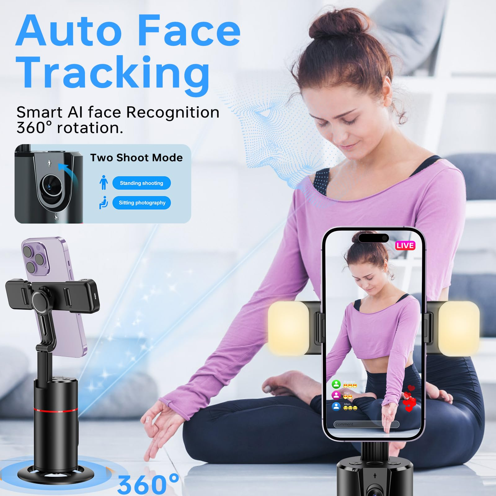 Frau macht Yoga und benutzt ein Telefon auf einem Ständer. Das Telefon streamt live. Das Telefon hat auf beiden Seiten Lichter. Der Hintergrund ist unscharf.