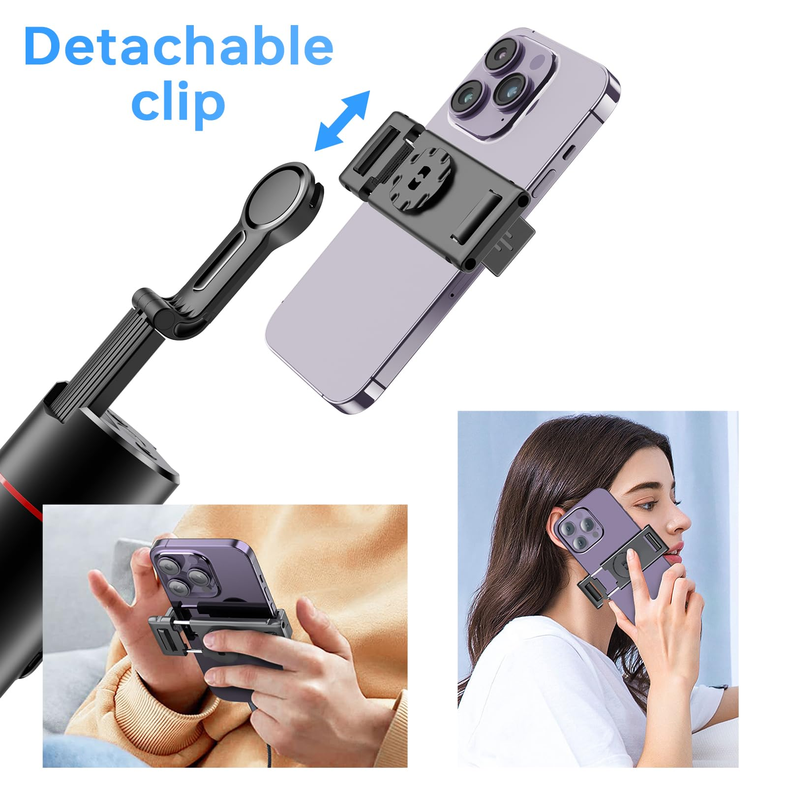 Das Bild zeigt einen abnehmbaren Clip-Telefonhalter. Ein Telefon wird in den Halter geklemmt. Zwei weitere Bilder zeigen Benutzer, die den Halter verwenden.