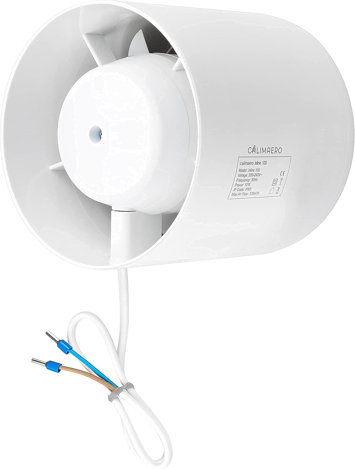 Ein weißer Calimaero Inline 100 Ventilator. Es hat eine zylindrische Form mit einem zentralen Lüfter und elektrischer Verkabelung.