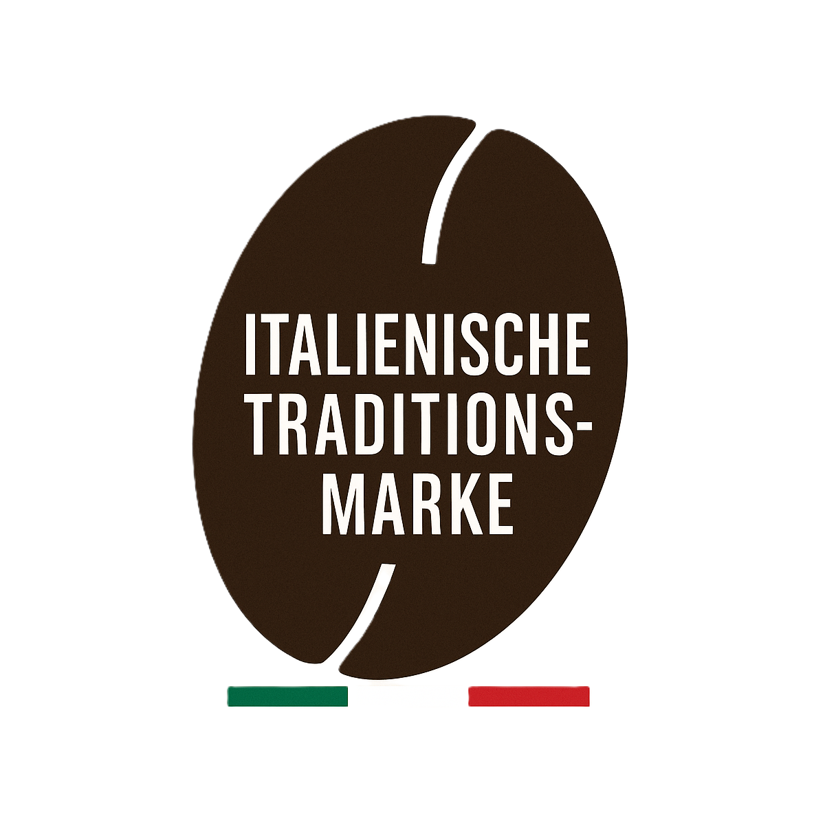 Kaffeebohnenlogo mit dem Text 'Italienische Traditions-Marke' und Farben der italienischen Flagge.