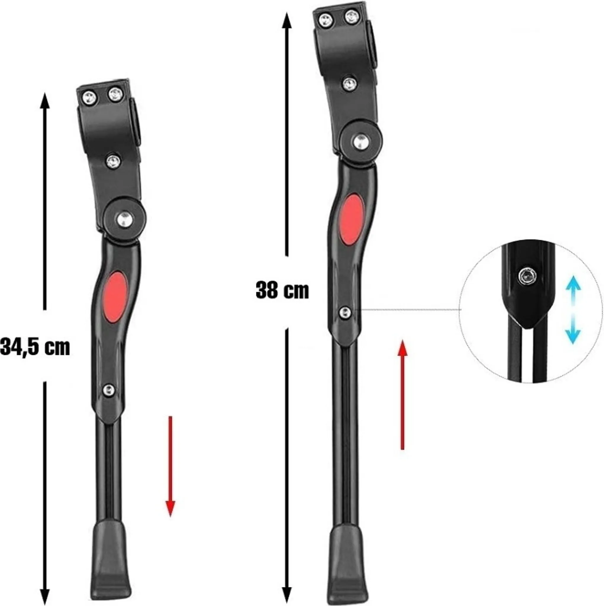 Zwei schwarze Fahrradständer. Einer ist 34,5 cm, der andere 38 cm. Beide haben rote Akzente. Pfeile zeigen die verstellbare Höhe an.
